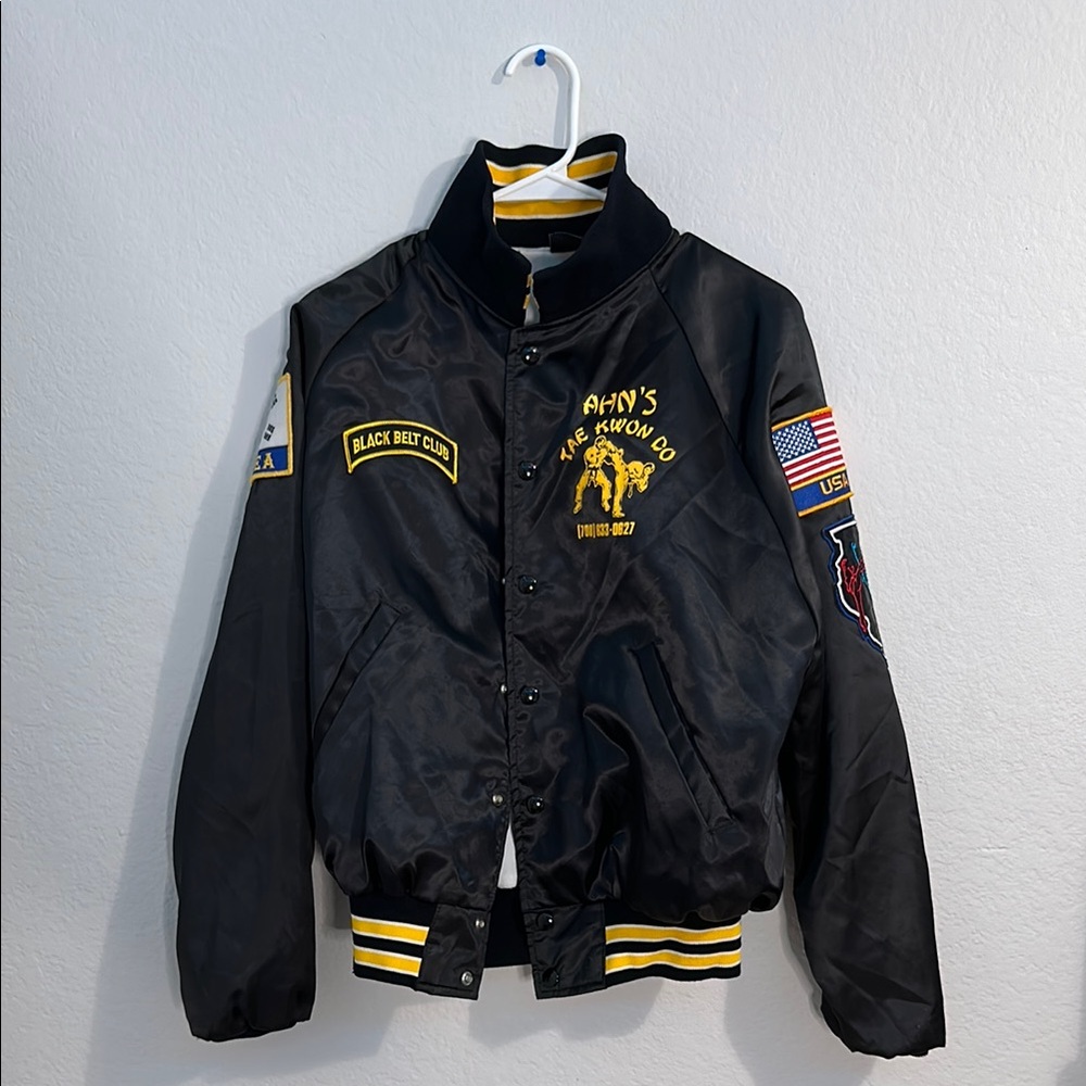 Black and Yellow Varsity Bomber Jacket with Patches